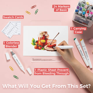 Ohuhu Kaala Slim Broad and Fine Dual Tips Alcohol Art Markers - 24 Basic Colors