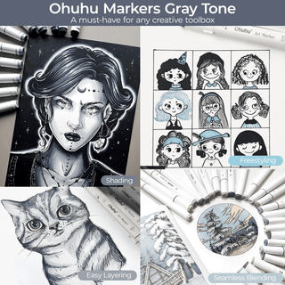 Ohuhu Oahu 36 Gray Tone Colors Dual Tips Alcohol Art Markers Set, Fine & Chisel (Europe Only)