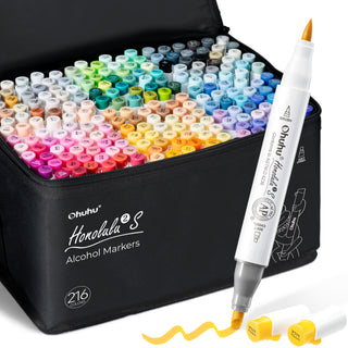 Ohuhu Honolulu² S 216 Basic Colors Dual Tips Alcohol Art Markers, Brush & Soft Chisel