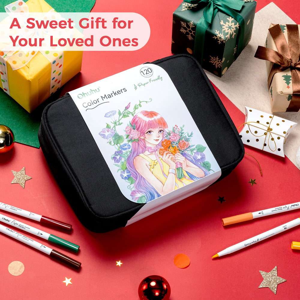 Ohuhu Pupe Paper-friendly (No Peeling) Brush and Fineliner Dual Tips 120 Colors Water-based Coloring Markers