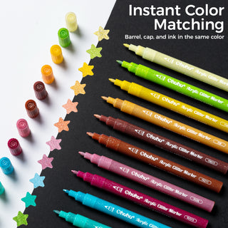 Ohuhu Acrylic Metallic Glitter Markers, 24 Colors - 0.7mm & 3mm Tip Paint Pens