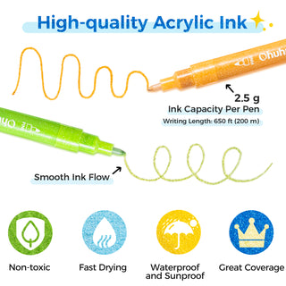 Ohuhu Acrylic Metallic Glitter Markers, 24 Colors - 0.7mm & 3mm Tip Paint Pens