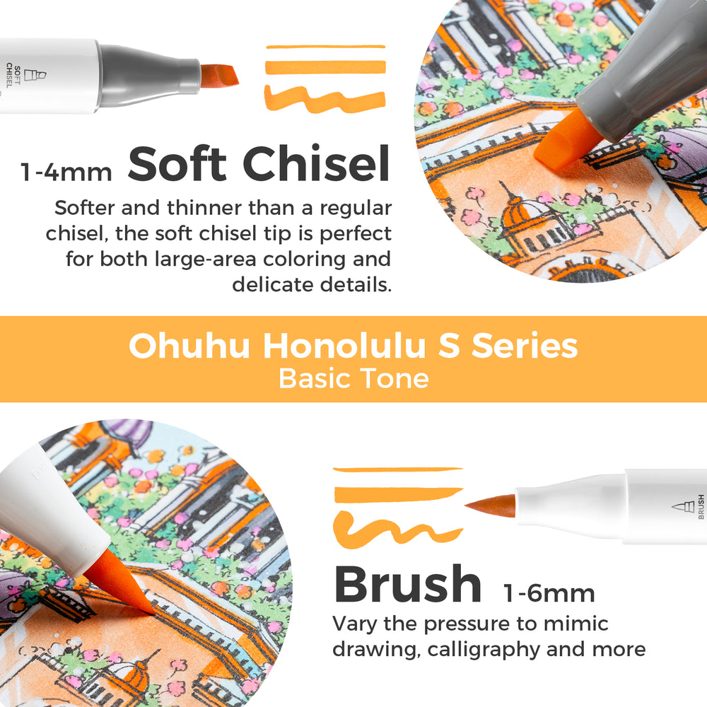 Ohuhu Honolulu S 48 Colors Dual Soft Tips Alcohol Art Markers, Brush & Soft Chisel