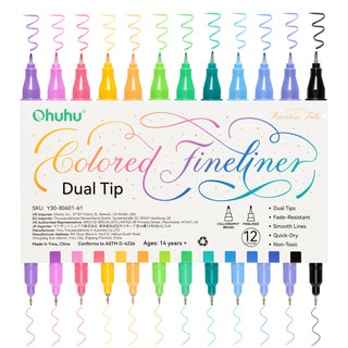 Ohuhu Colored Fineliner & Brush Pens, 12 Colors