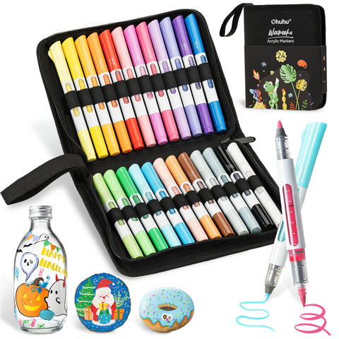 Ohuhu 24 Colors Brush & Bullet Automatic Ink Control Acrylic Markers - Waimoku
