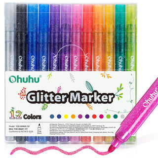 Ohuhu Water-Based Glitter Metallic Marker Pens, 12 Shimmer Colors