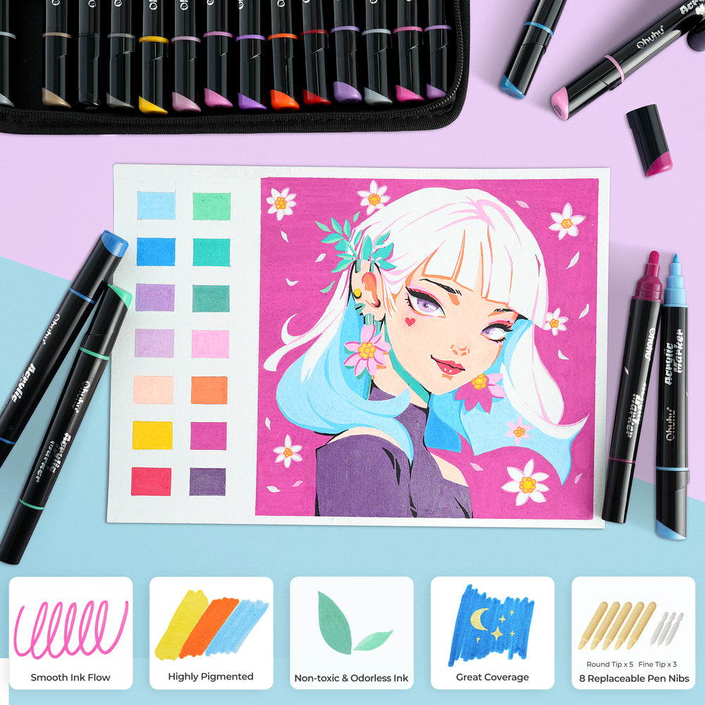 Ohuhu Dual Nib Waterproof Acrylic Pen 30 / 60 / 90 Colors